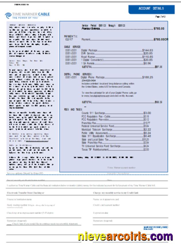 Time Warner Cabel utility business bill, page 2